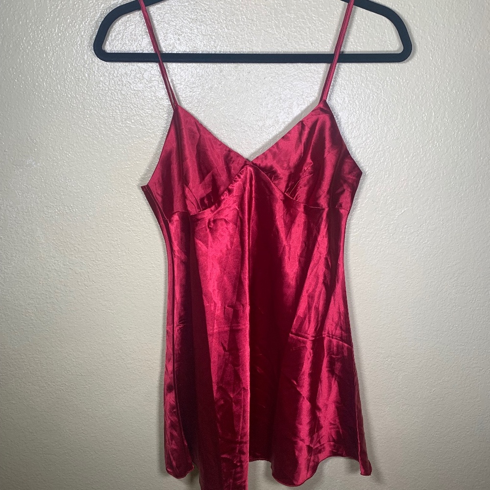 Red satin mini slip dress